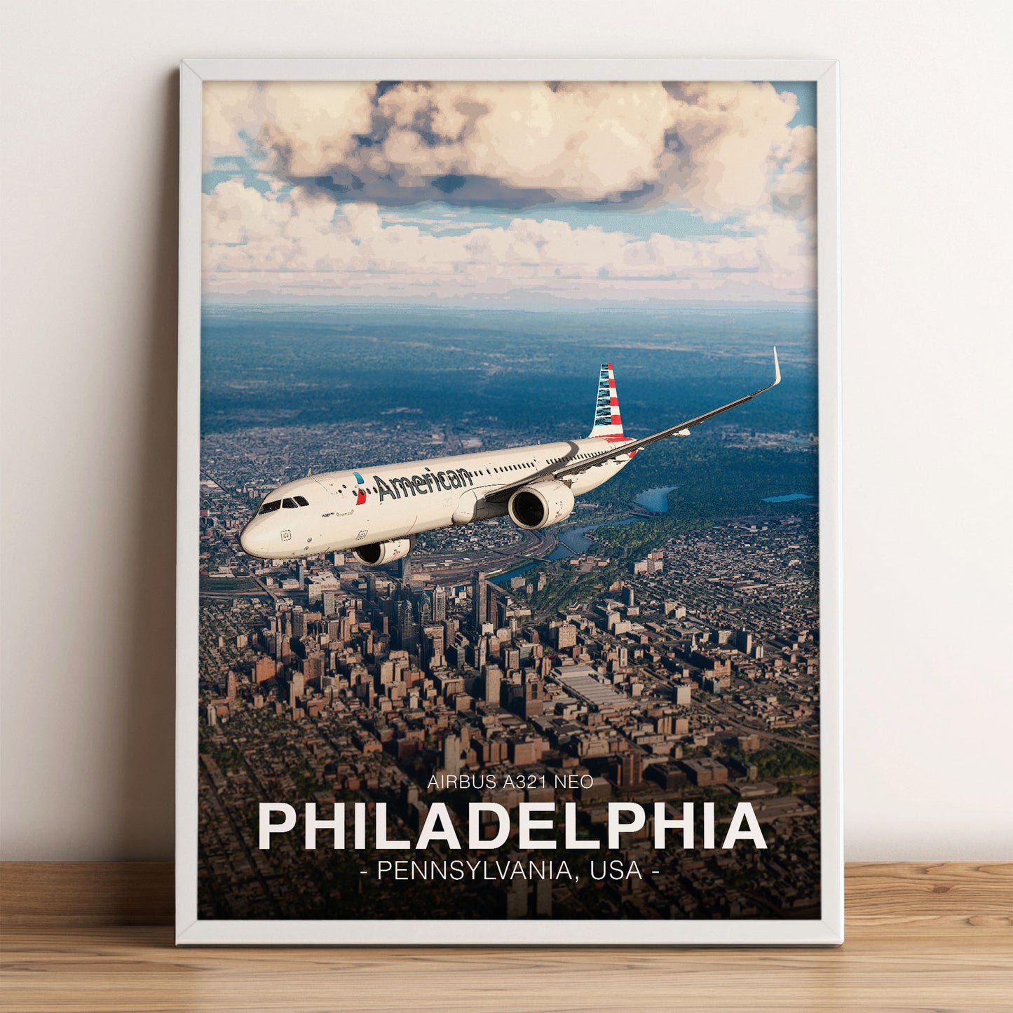 American Airlines Airbus A321 NEO Poster - Philadelphia Cityscape