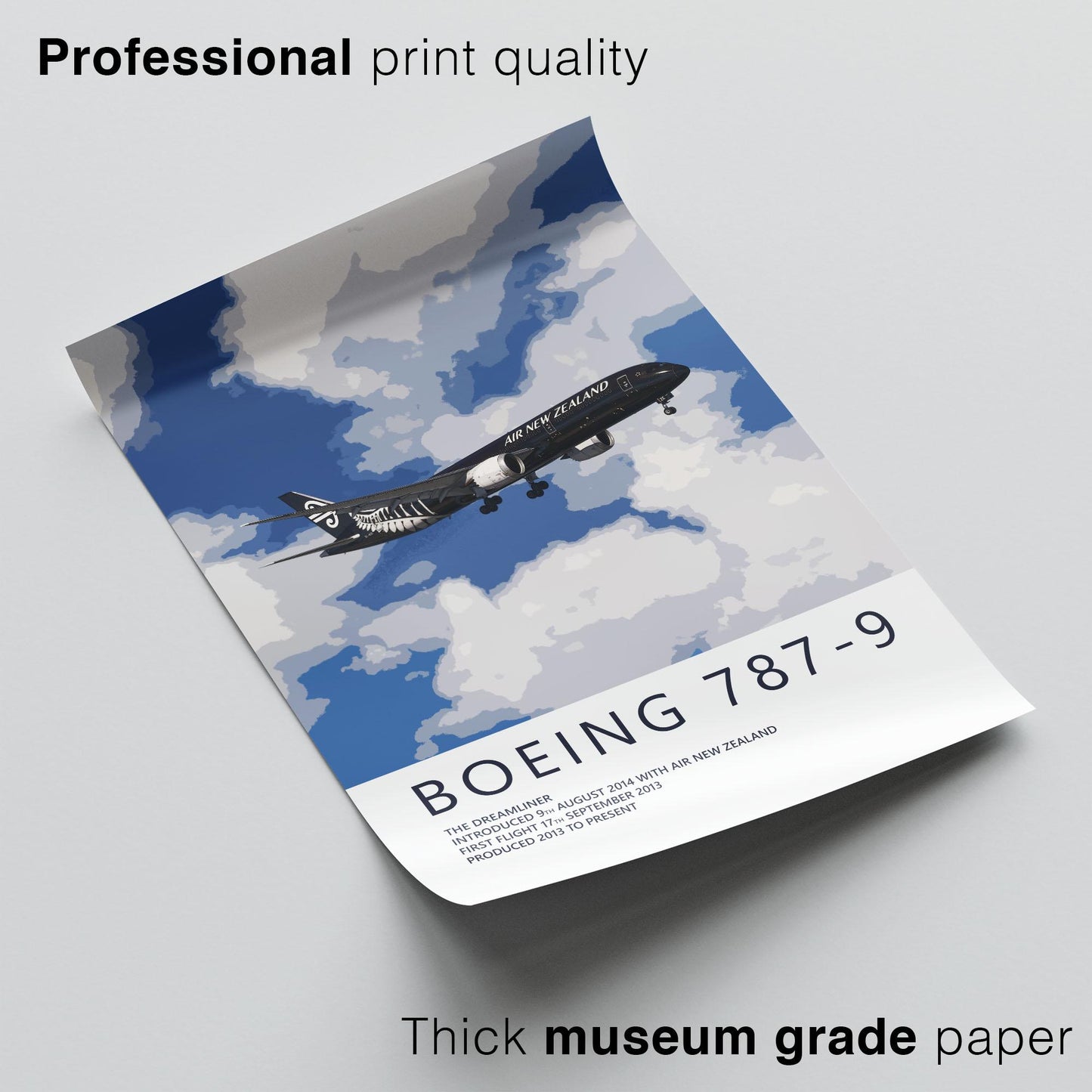 The image is a poster for the Boeing 787-9 airplane, featuring a stylized illustration of the aircraft flying through a cloudy sky.
