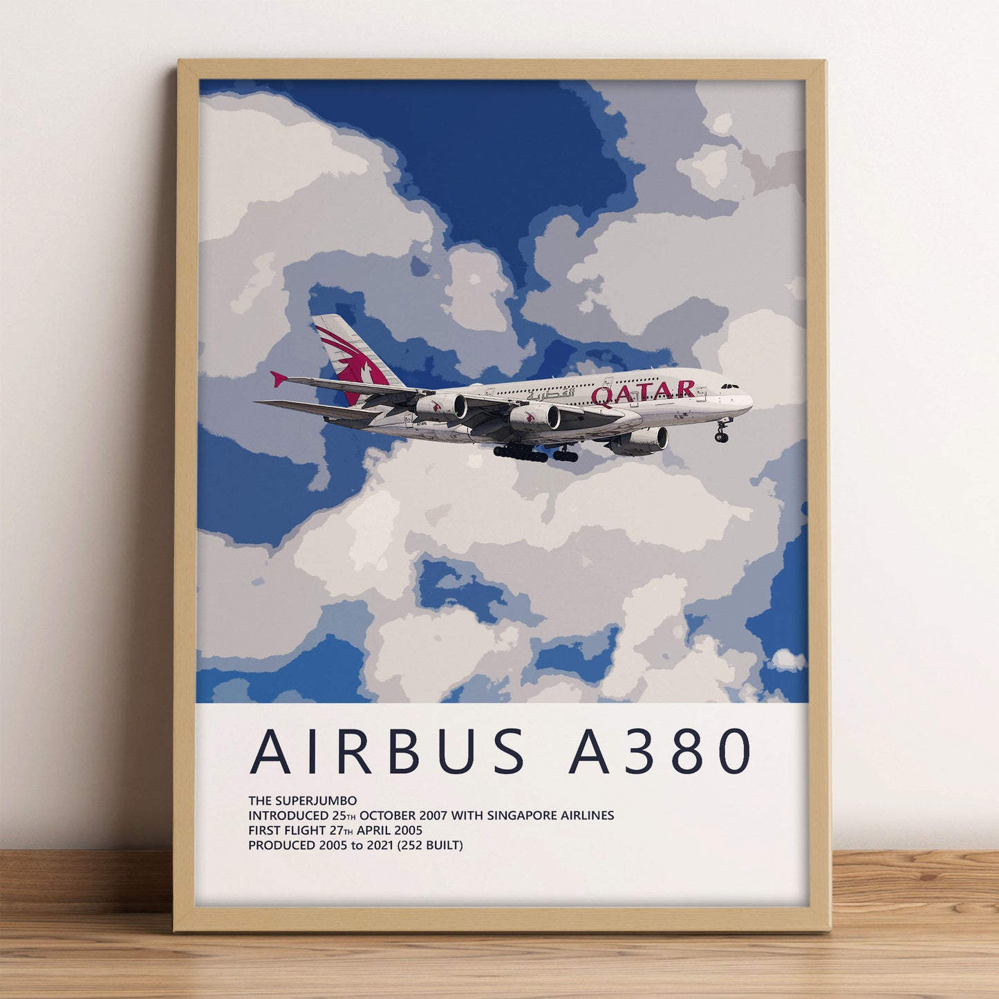The image is a framed poster depicting an Airbus A380 airplane flying through a cloudy sky.