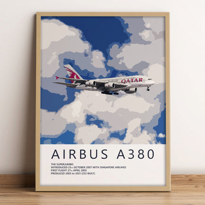 The image is a framed poster depicting an Airbus A380 airplane flying through a cloudy sky.