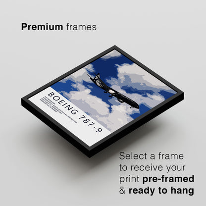 a Boeing 787-9 airplane flying in the sky, with a text overlay that provides information about the premium frames available for receiving the print.