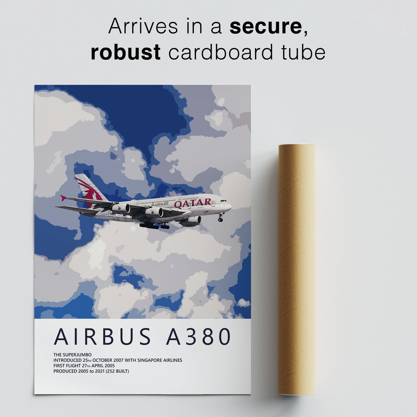 The image is a poster for the Airbus A380, featuring an illustration of the aircraft flying through a cloudy sky.