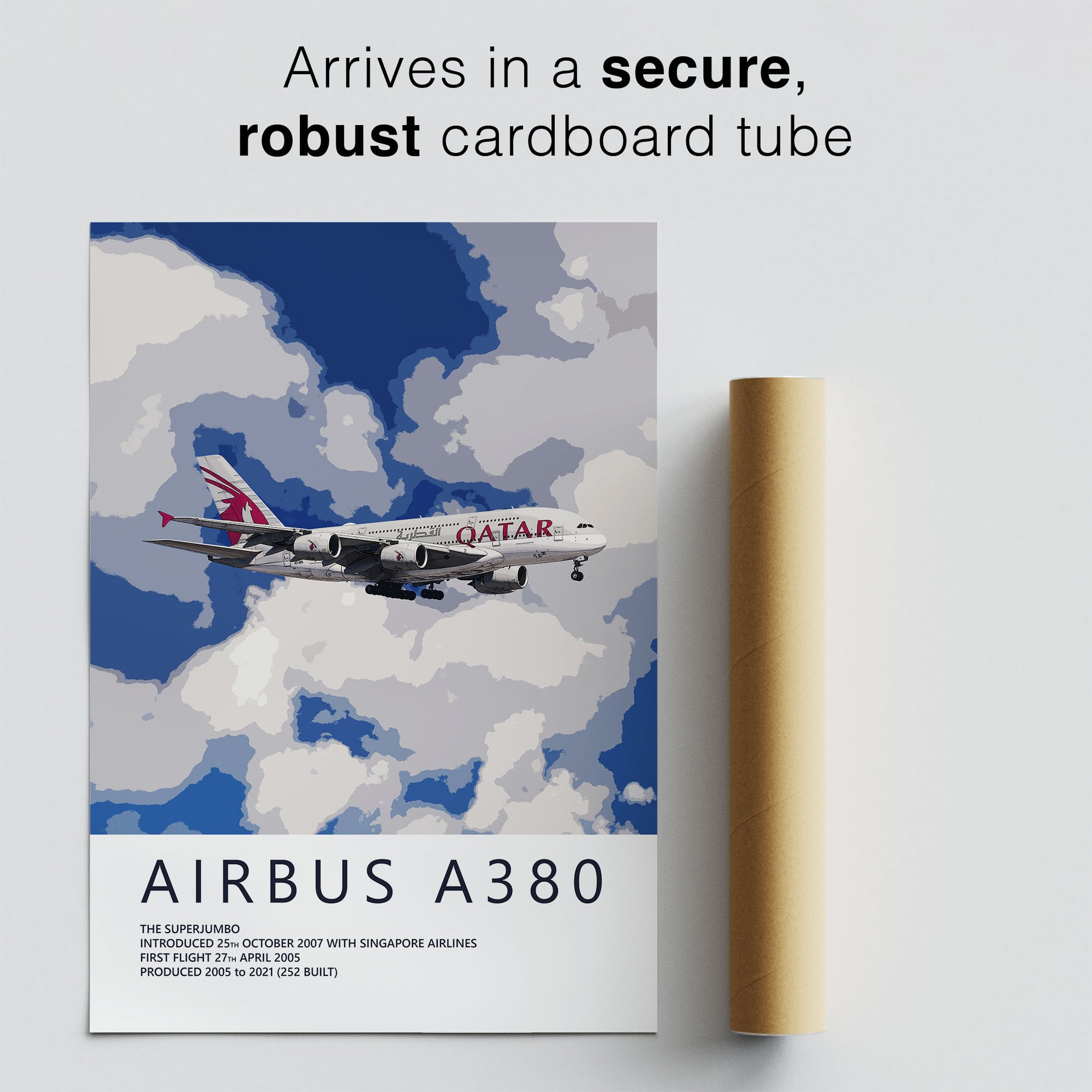 The image is a poster for the Airbus A380, featuring an illustration of the aircraft flying through a cloudy sky.