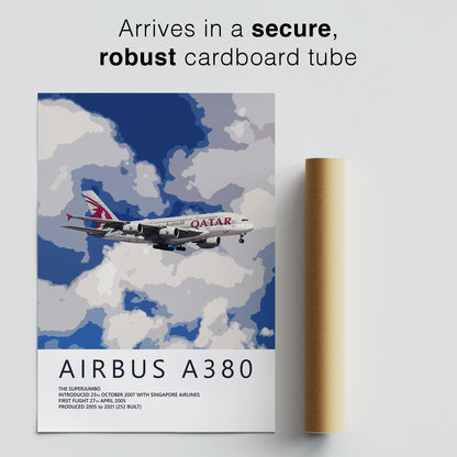 The image is a poster for the Airbus A380, featuring an illustration of the aircraft flying through a cloudy sky.
