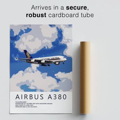 The image is a poster for an Airbus A380, featuring an illustration of the aircraft flying through a cloudy sky.