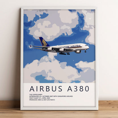 The image is a framed poster depicting an Airbus A380 airplane flying through a cloudy sky.
