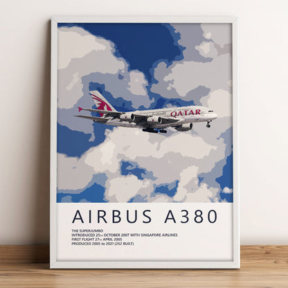 The image is a poster featuring an illustration of an Airbus A380 airplane flying through a cloudy sky.