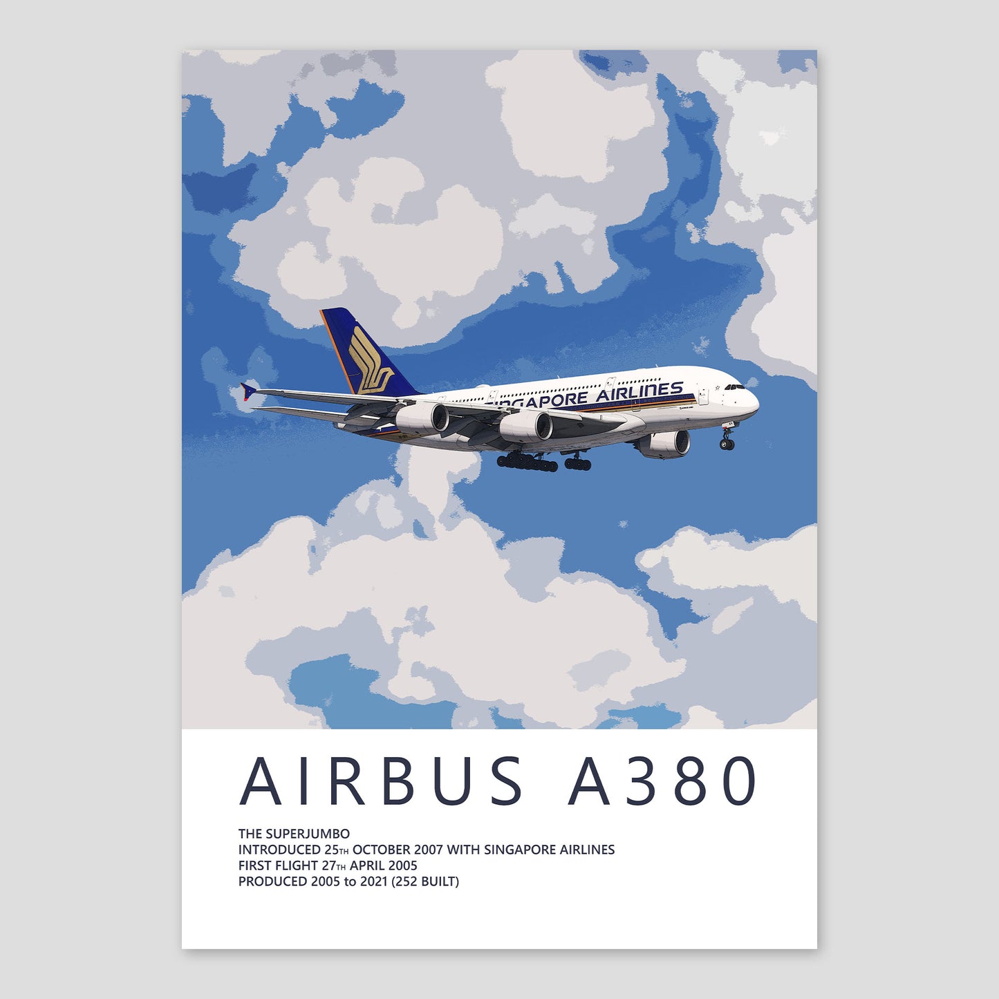The image is a poster for the Singapore Airlines Airbus A380, featuring a large airplane flying through a cloudy sky.