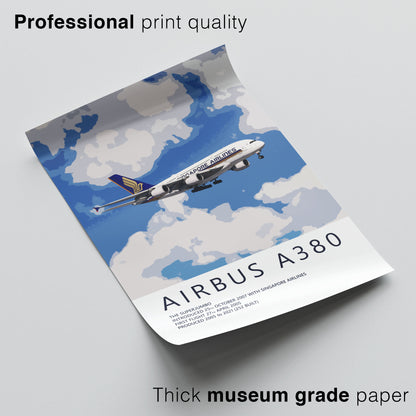The image is a poster or flyer for the Airbus A380, featuring an illustration of the aircraft flying through a cloudy sky.