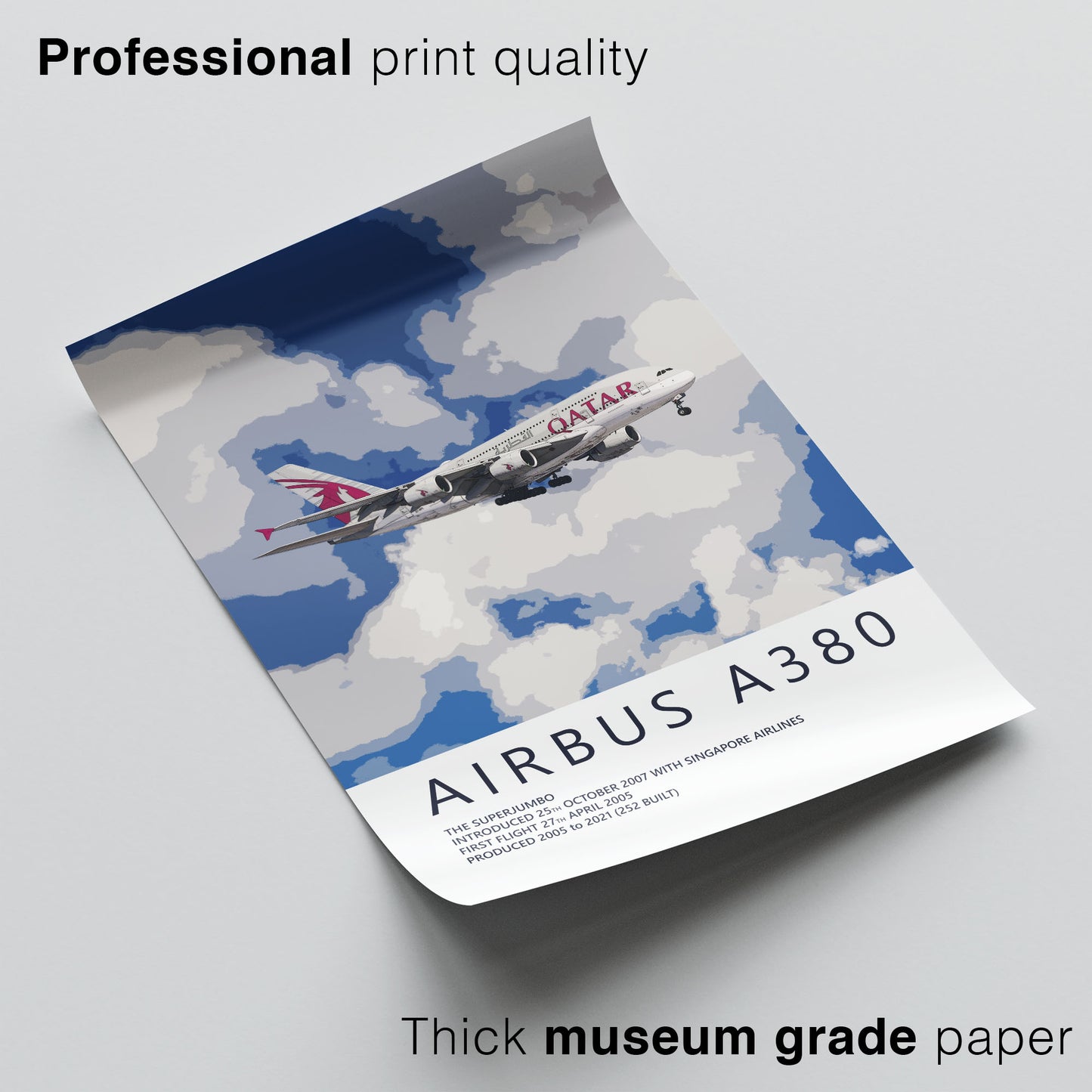 The image is a poster for the Airbus A380, featuring a stylized illustration of the aircraft flying through a cloudy sky.