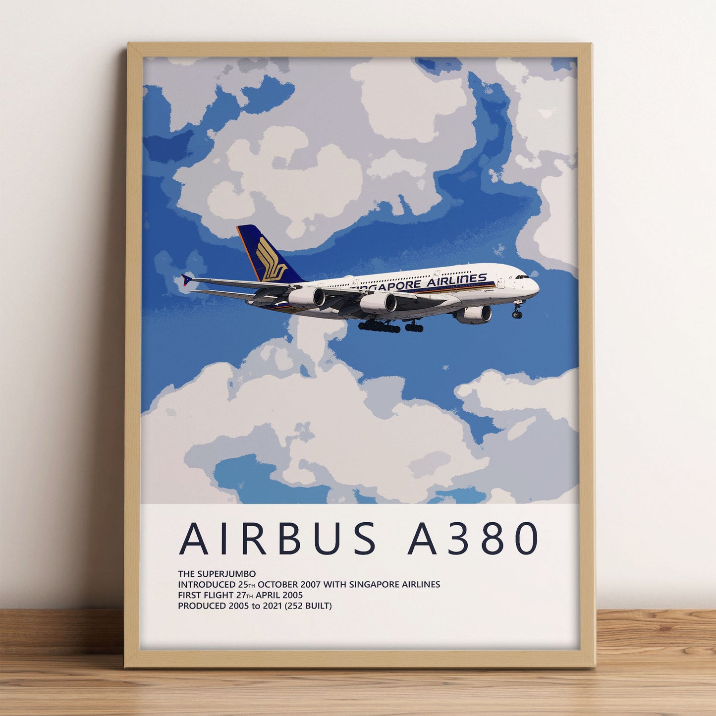 The image is a poster featuring an illustration of an Airbus A380 airplane flying through a cloudy sky.