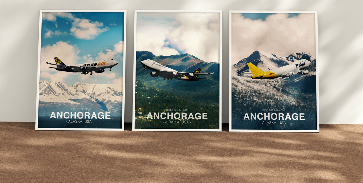 Framed aviation posters featuring Atlas Air, UPS and Polar Air Cargo Boeing 747s in Anchorage