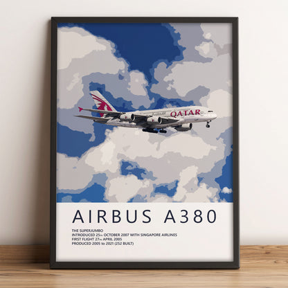 The image is a framed poster featuring an illustration of an Airbus A380 airplane flying through a cloudy sky.