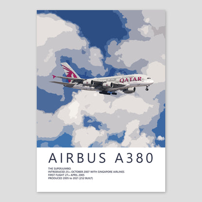 an Airbus A380 airplane flying through a cloudy sky.