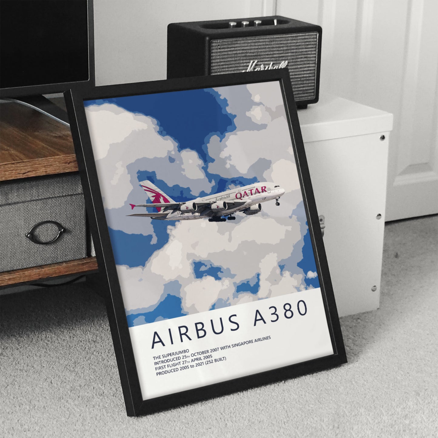 an Airbus A380 airplane flying in the sky, with a framed poster or artwork displaying the airplane and its surroundings.