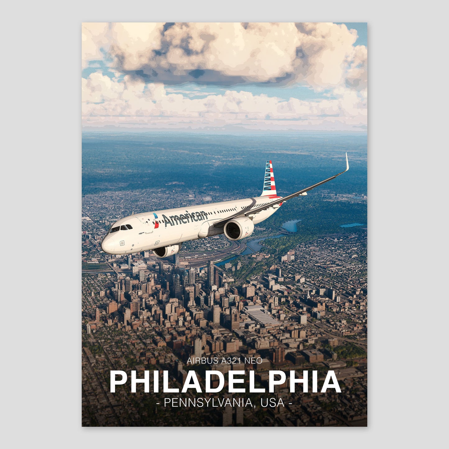 American Airlines Airbus A321 NEO Poster - Philadelphia Cityscape