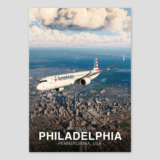 American Airlines Airbus A321 NEO Poster - Philadelphia Cityscape