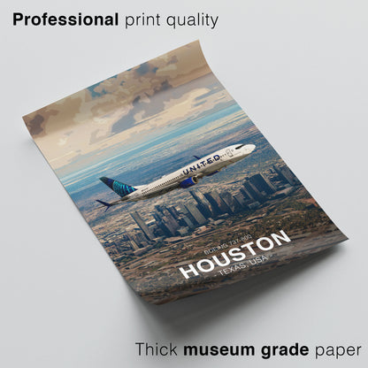 United Airlines Boeing 737 Poster - Houston Cityscape