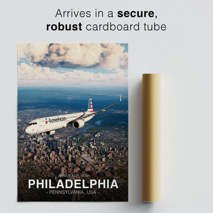 American Airlines Airbus A321 NEO Poster - Philadelphia Cityscape