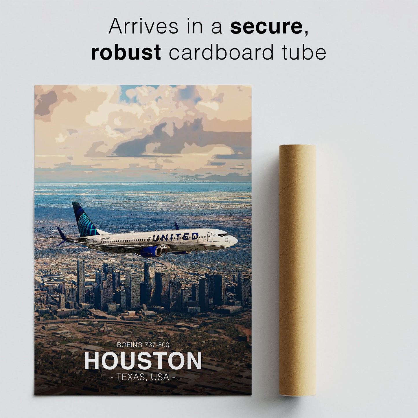 United Airlines Boeing 737 Poster - Houston Cityscape