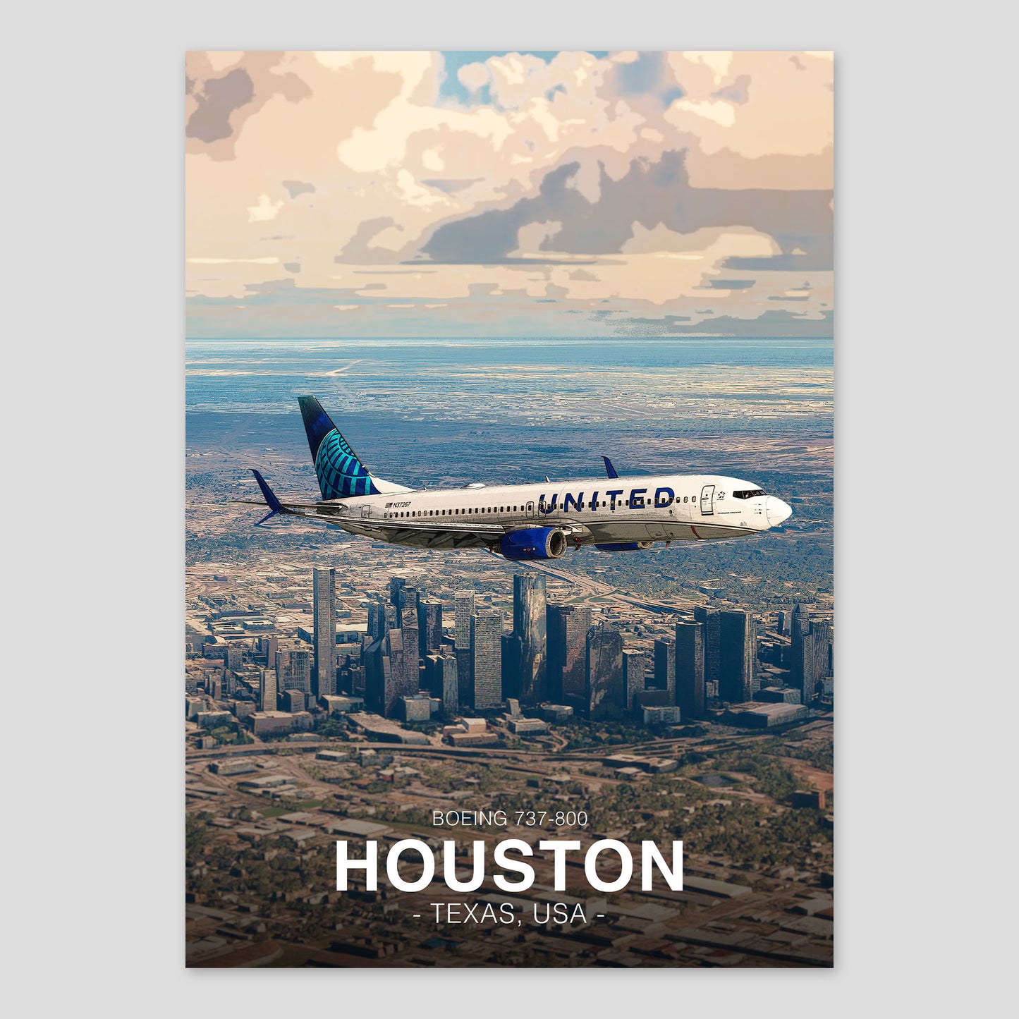 United Airlines Boeing 737 Poster - Houston Cityscape