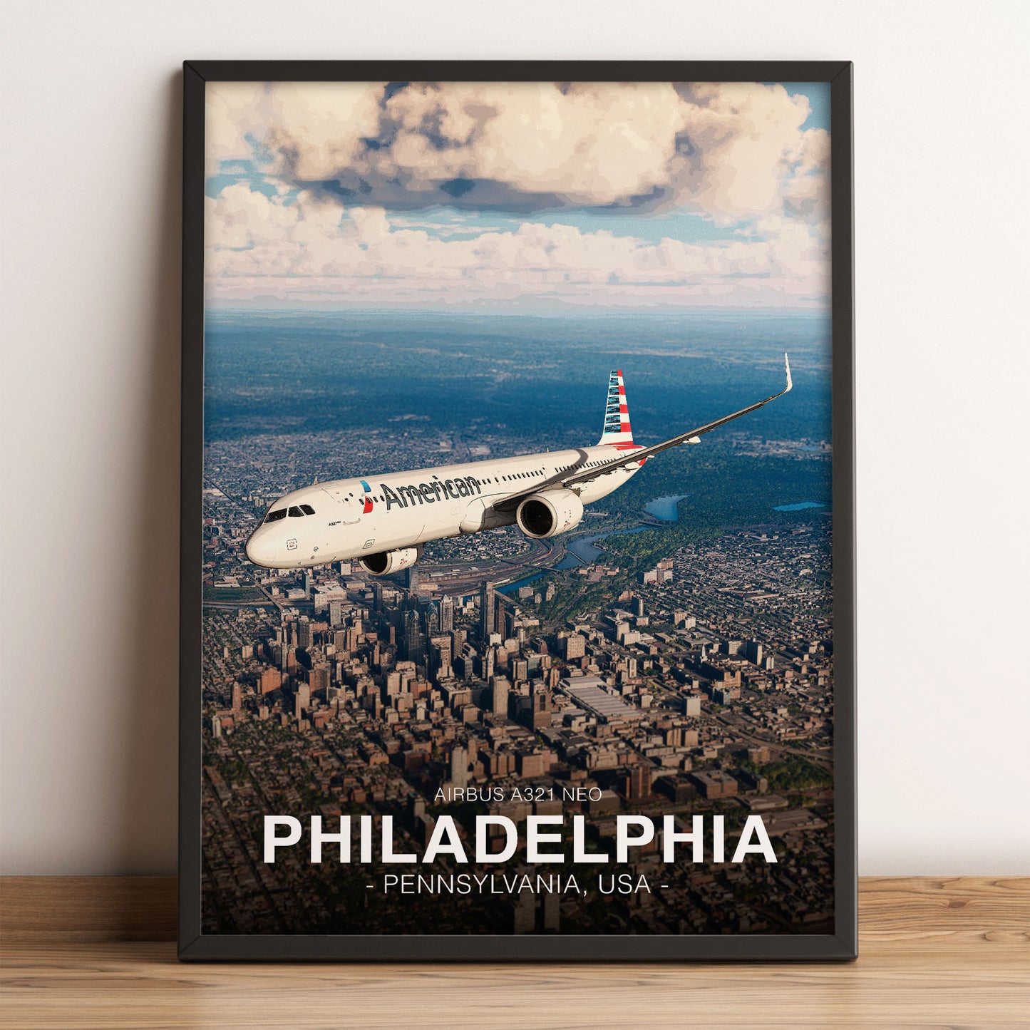 American Airlines Airbus A321 NEO Poster - Philadelphia Cityscape