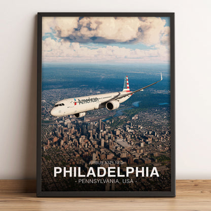 American Airlines Airbus A321 NEO Poster - Philadelphia Cityscape