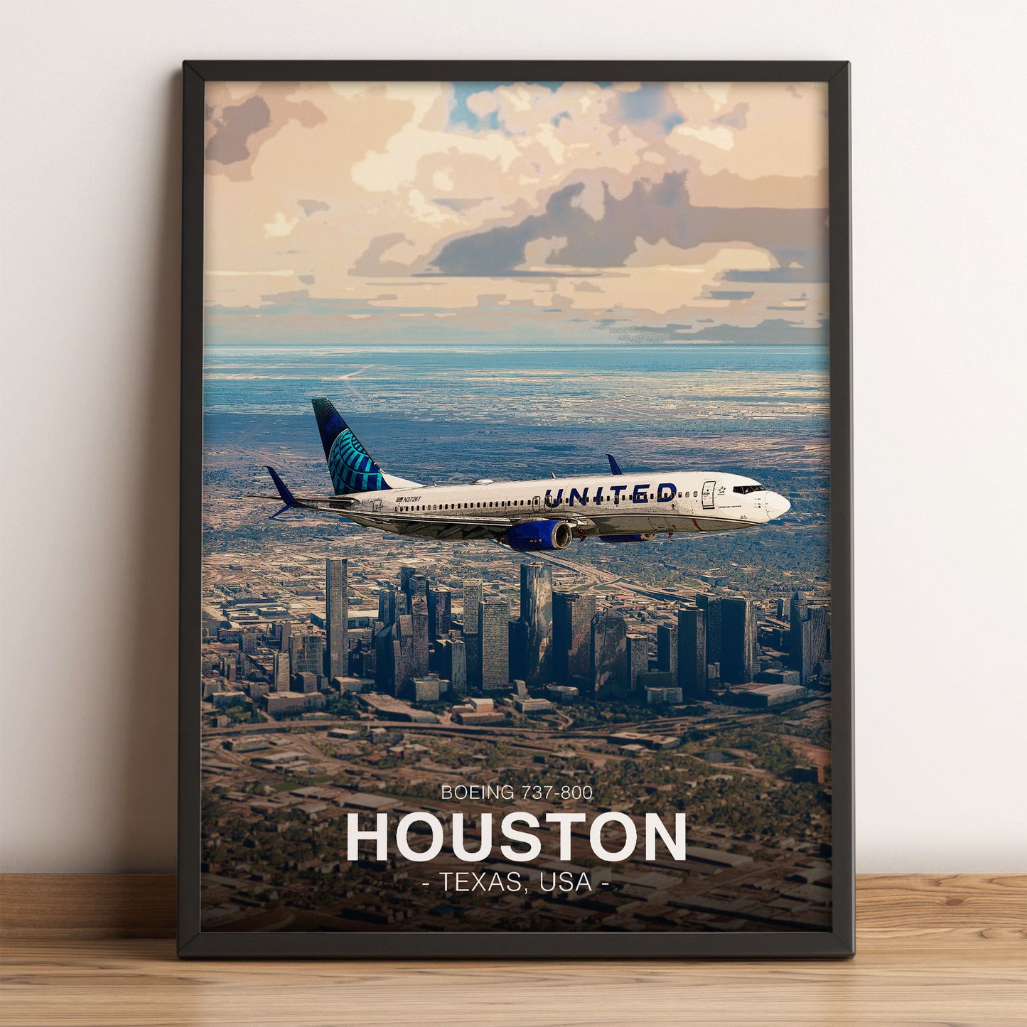 United Airlines Boeing 737 Poster - Houston Cityscape