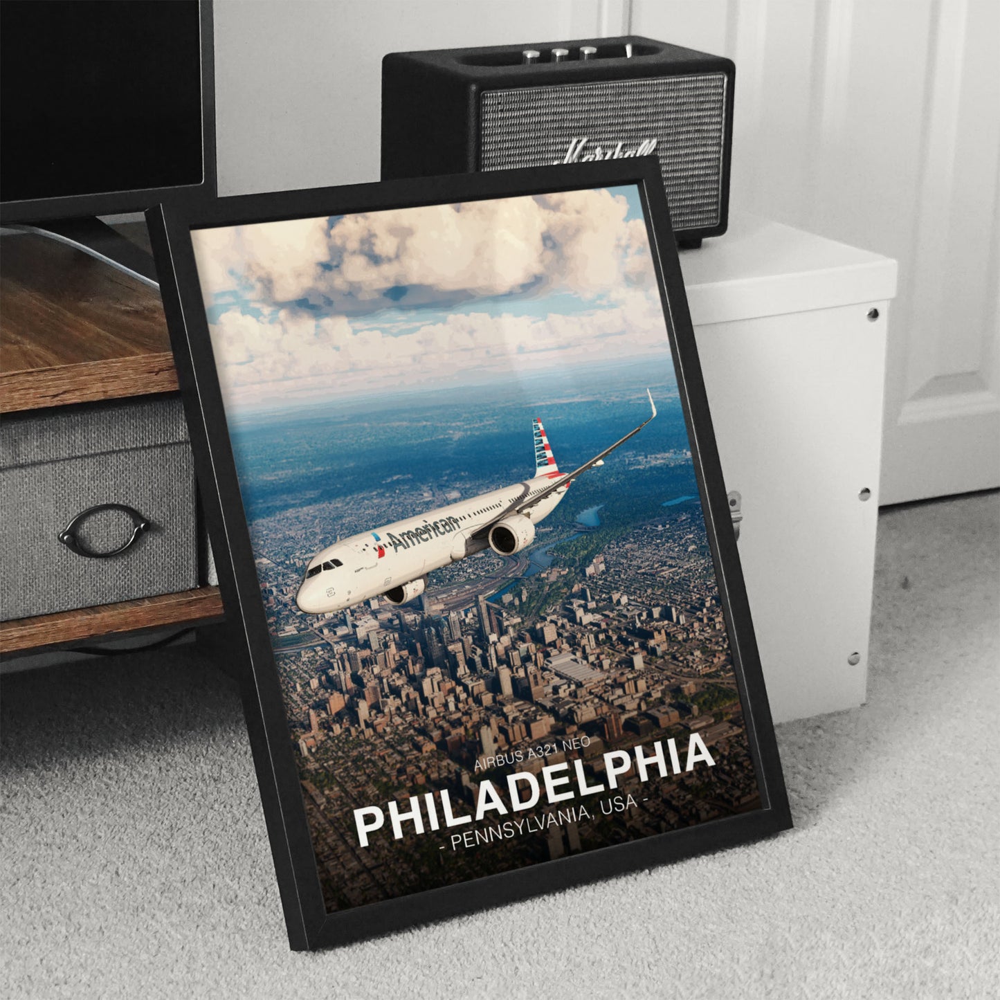 American Airlines Airbus A321 NEO Poster - Philadelphia Cityscape