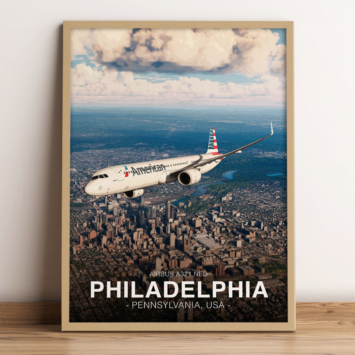 American Airlines Airbus A321 NEO Poster - Philadelphia Cityscape