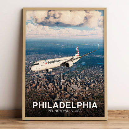 American Airlines Airbus A321 NEO Poster - Philadelphia Cityscape