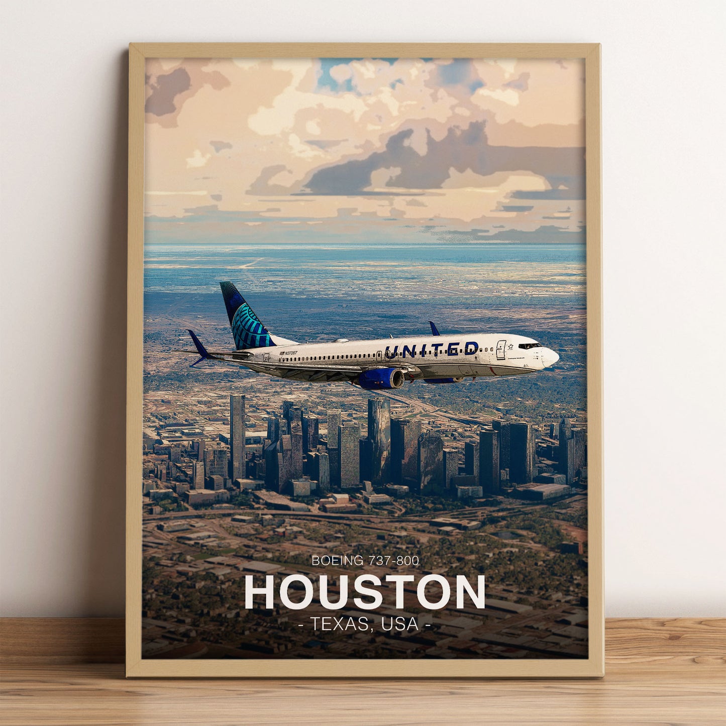 United Airlines Boeing 737 Poster - Houston Cityscape