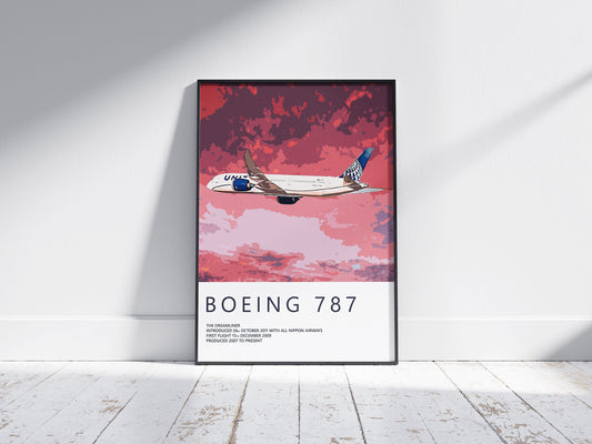 Illustration of a United Airlines Boeing 787 in the sky, the background is an illustrated pinkish-red to pink sunset. The bottom 25% of the poster has a short description of the aircraft history and stats.