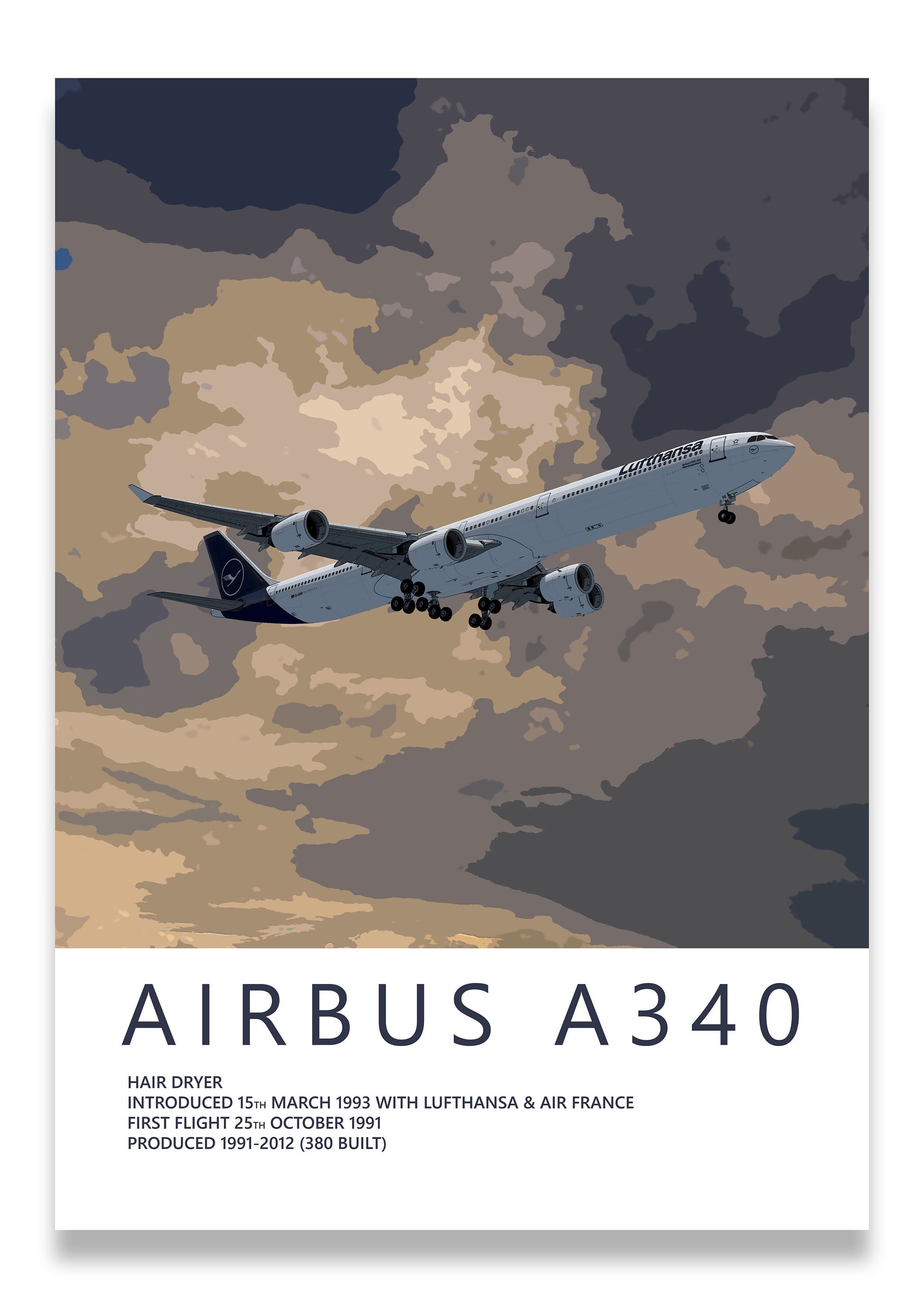 Lufthansa Airbus A340 Poster, gift for pilot, aviation poster, aviation artwork, aviation gift, airliner, airplane, plane