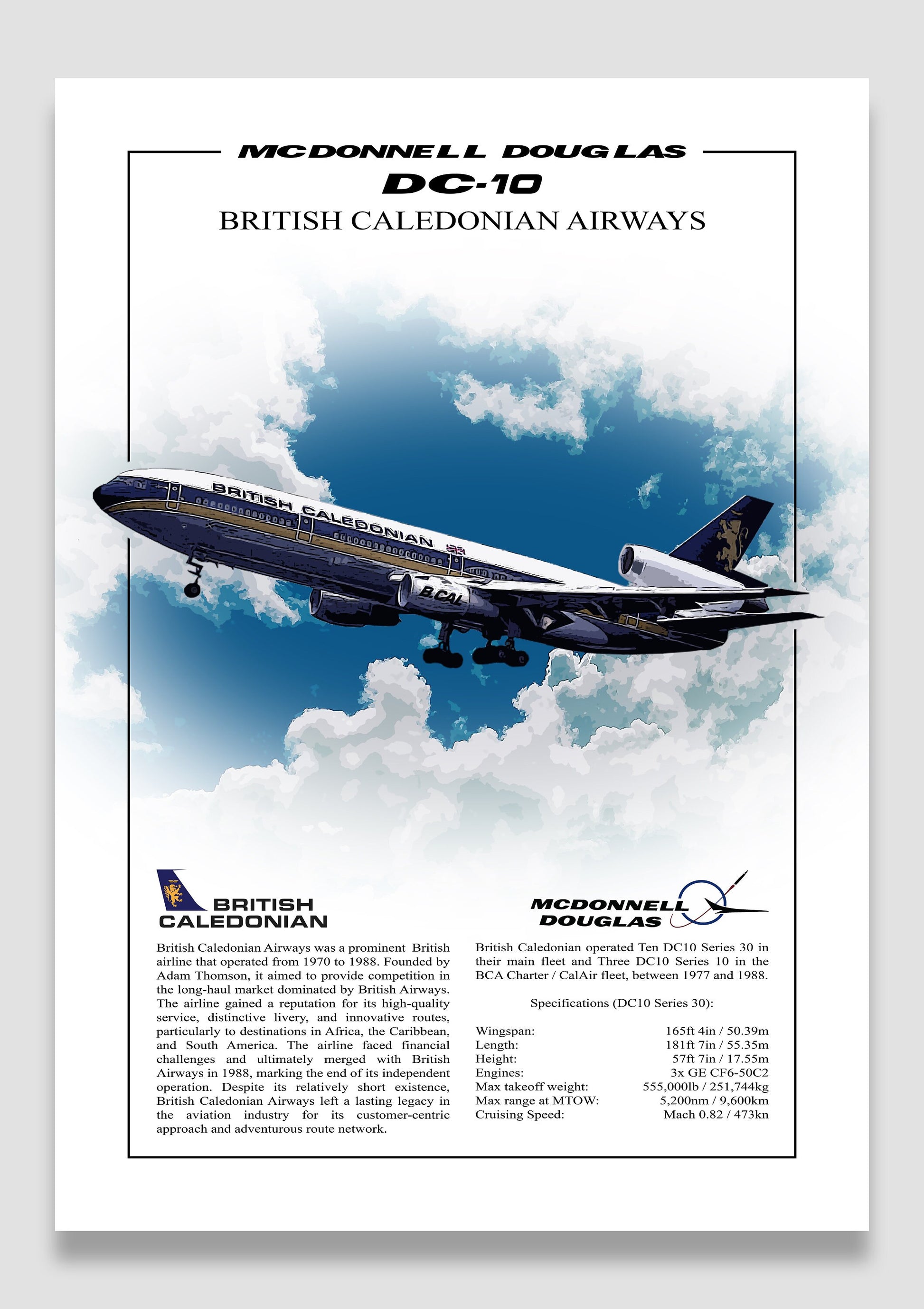 British Caledonian McDonnell Douglas DC10 Poster, aviation wall art, airliner print, pilot gift, plane picture