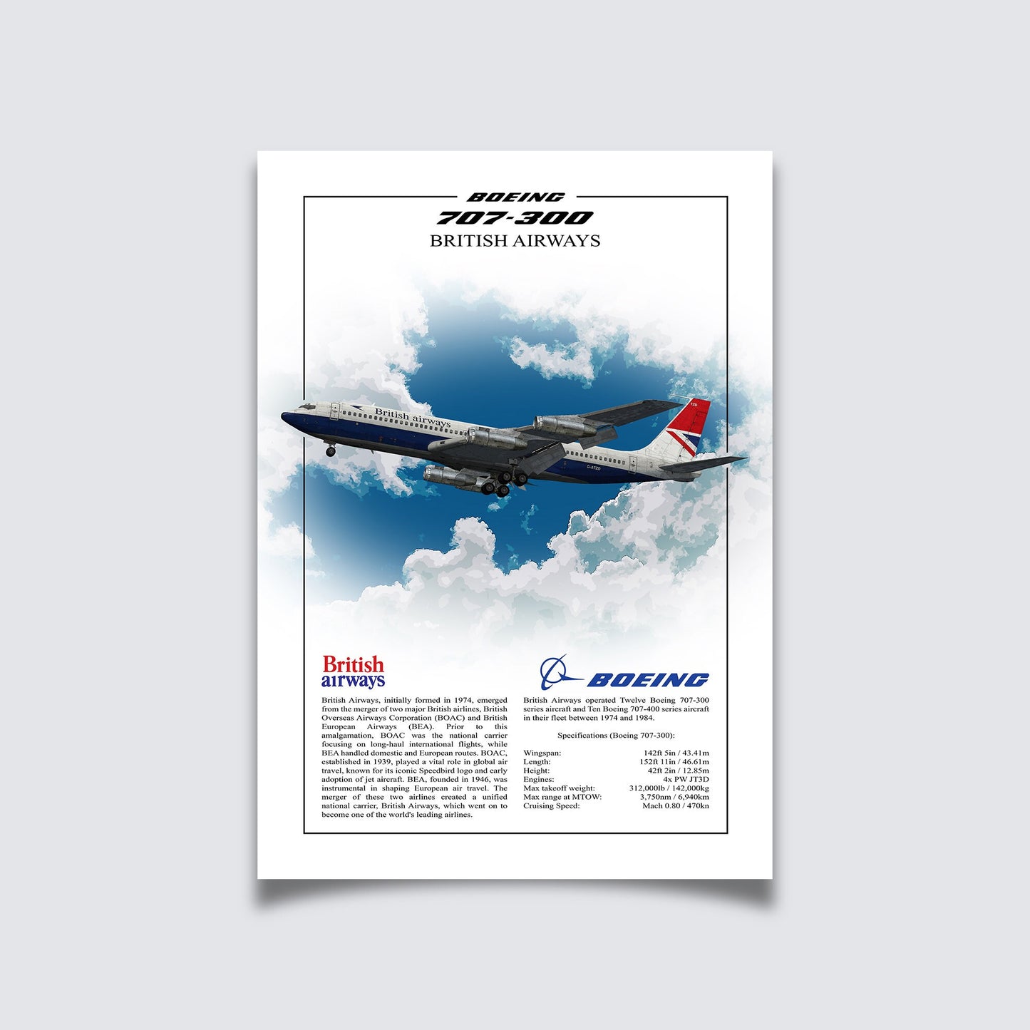 British Airways Boeing 707 Poster - Aviation Art for Pilots & Enthusiasts - Airline Print, Aircraft Picture, Plane Gift, Aviation Wall Decor