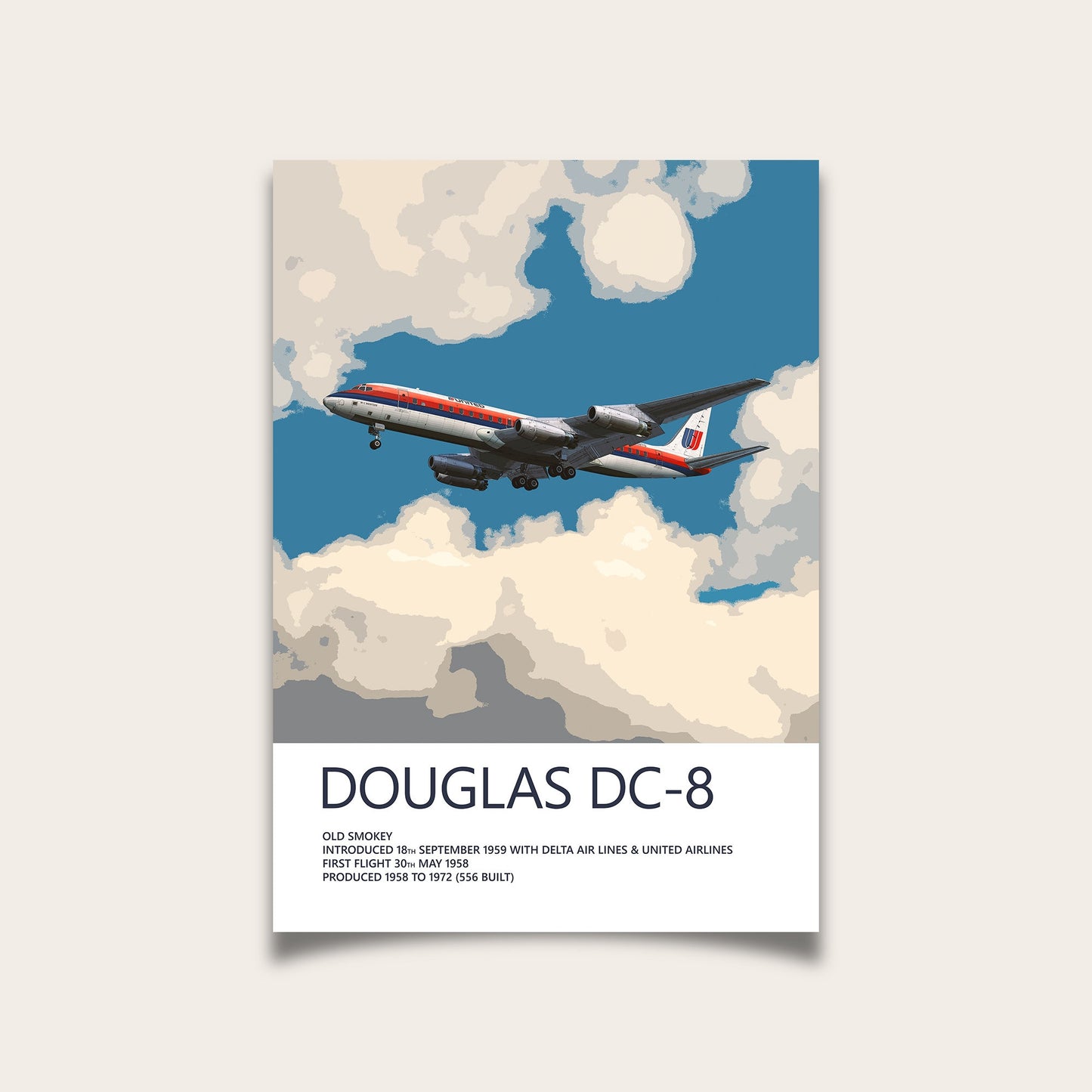 United Airlines Douglas DC-8 Poster - Saul Bass Tulip - Plane art for aviation enthusiasts & pilot retirement gifts, airplane artwork prints