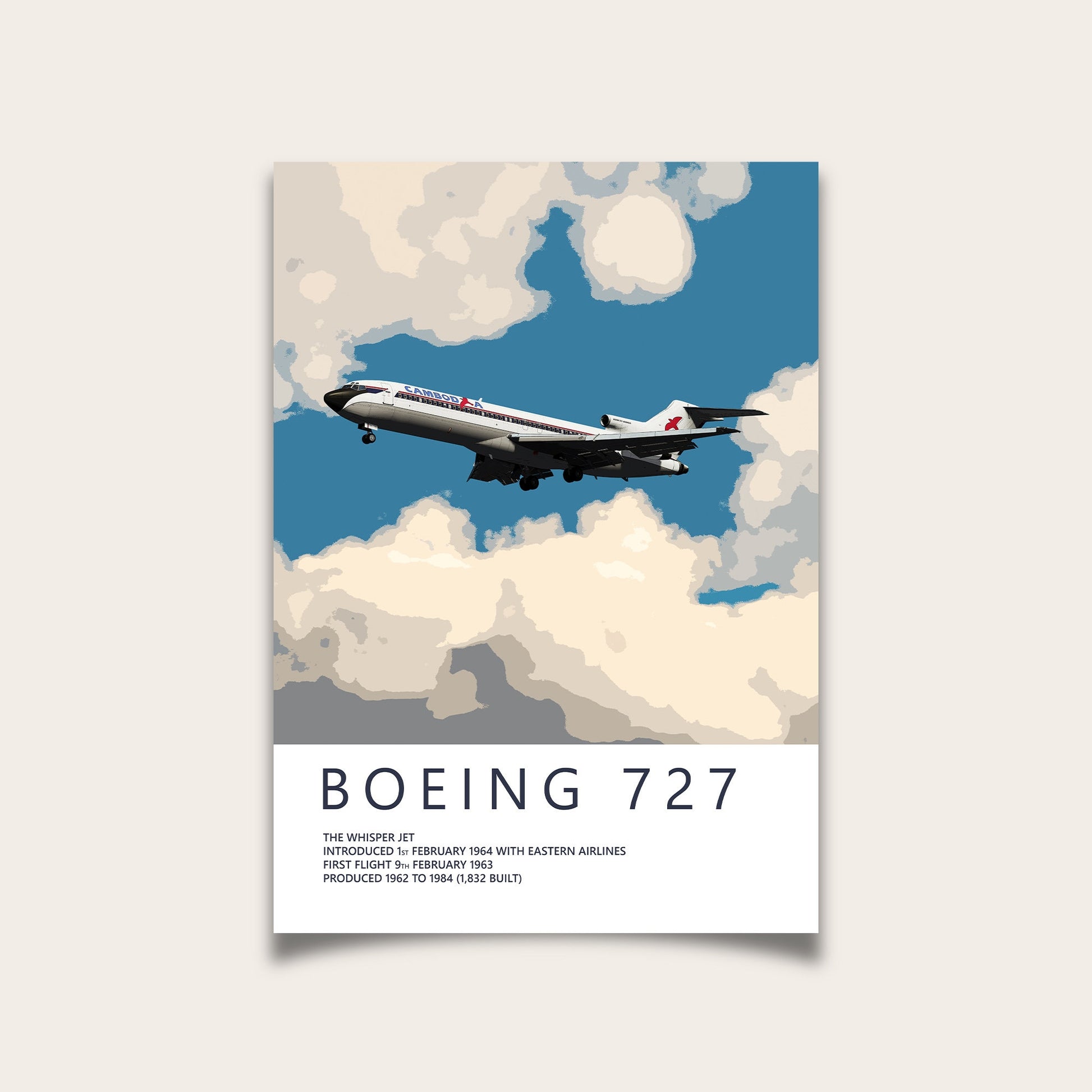 Cambodia Airlines Boeing 727 Poster - Plane art for aviation enthusiasts & pilot retirement gifts, airline and airplane artwork prints