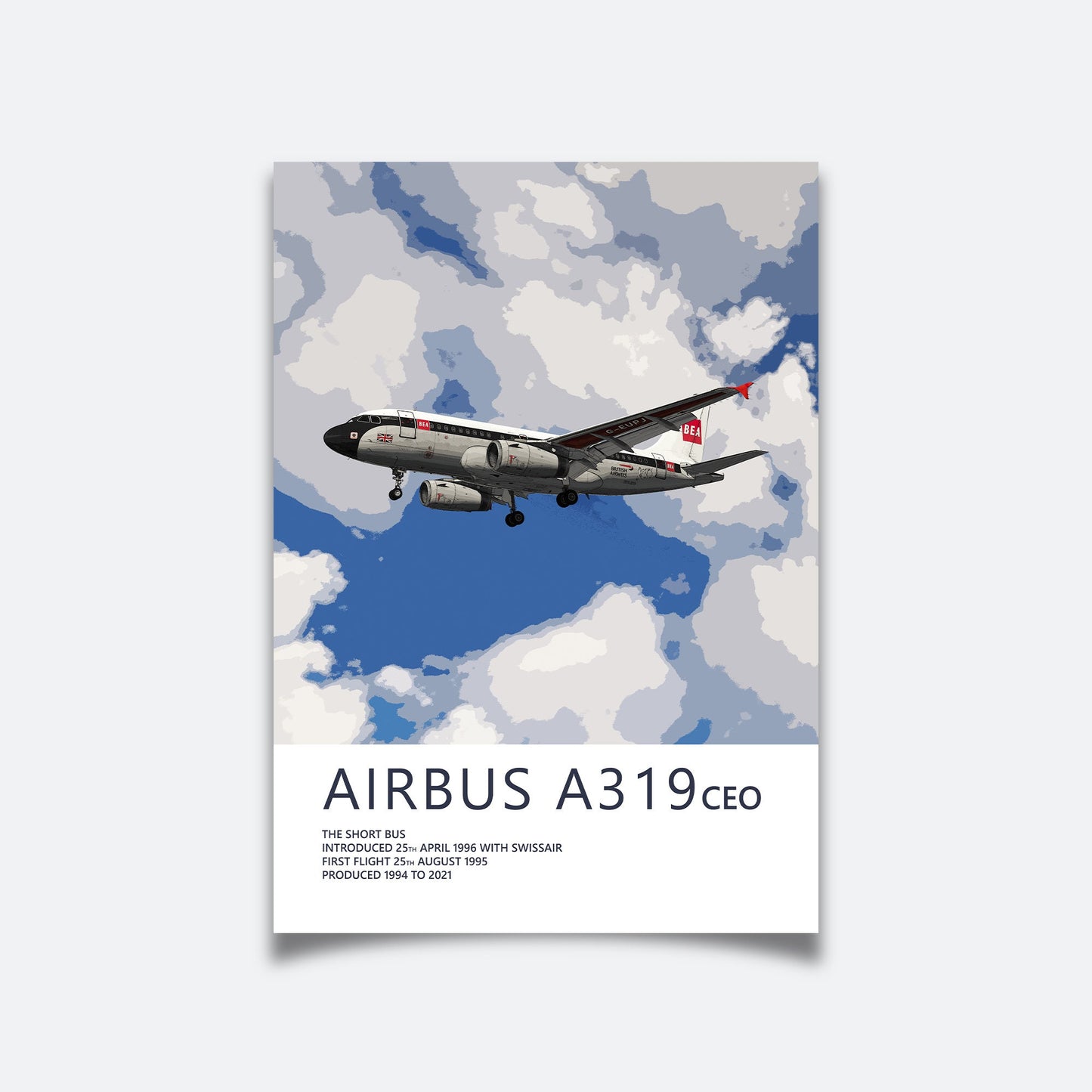 British Airways Airbus A319 Poster - BEA Retrojet - Plane art for aviation enthusiasts & pilot retirement gifts, airplane artwork prints