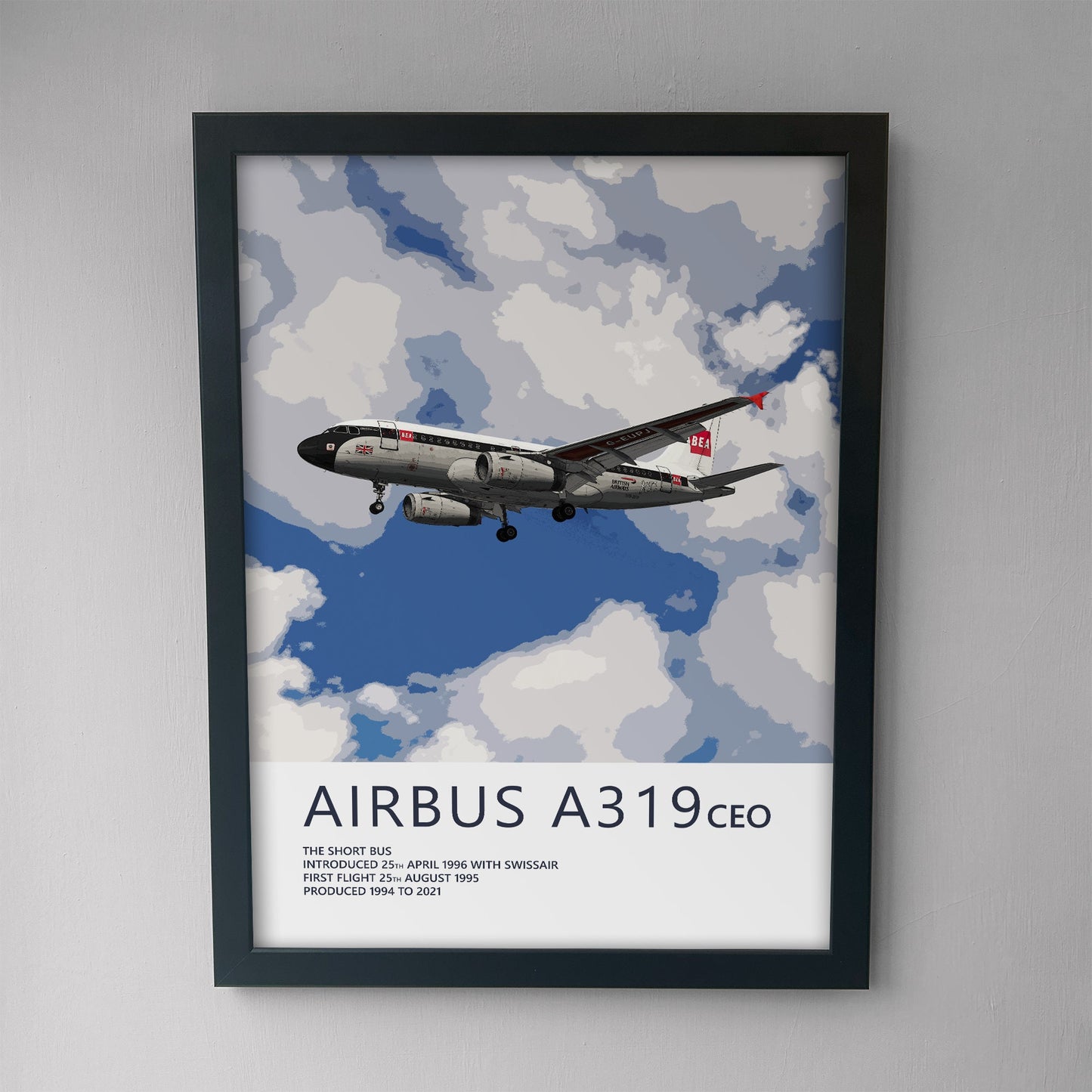 British Airways Airbus A319 Poster - BEA Retrojet - Plane art for aviation enthusiasts & pilot retirement gifts, airplane artwork prints