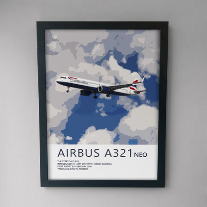 British Airways Airbus A321 NEO Poster - Plane art for aviation enthusiasts & pilot retirement gifts, airline and airplane artwork prints